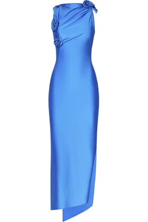 COPERNI Kleedjes, Dames, Blauw, S, Blauwe Asymmetrische Jurk met Stoffen Bloemen