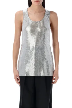 JUNYA WATANABE Tops, Dames, Grijs, M, Metallic Mesh Tank Top Mouwloos Scoop Neck