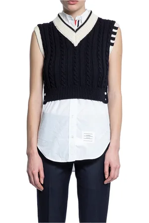 Thom Browne Truien, Dames, Blauw, S, Geknipte Kabeltrui met V-hals