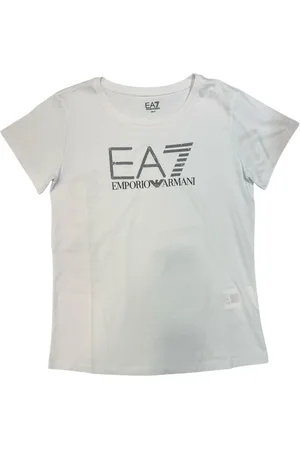 EA7 Tops, Dames, Wit, L, Katoen, Slim Fit Katoenen T-shirt met Ronde Hals en Korte Mouwen
