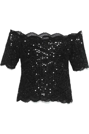 Paco rabanne Blouses & Shirts, Dames, Zwart, M, Pailletten, Bloemenkant Paillet Off-Shoulder Top