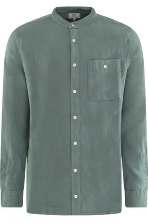 Woolrich Overhemden, Heren, Groen, L, Linnen, Bandkraag Linnen Shirt Groen