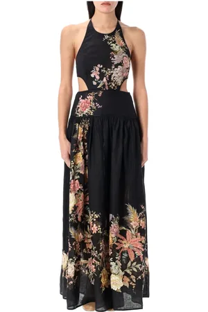 ZIMMERMANN Kleedjes, Dames, Zwart, S, Linnen, Elegante Maxi-jurk met Bloemmotief en Halternek