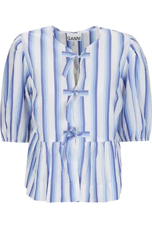 Ganni Blouses & Shirts, Dames, Blauw, L, Katoen, Gestreept Katoenen Peplum Pofmouw Blouse