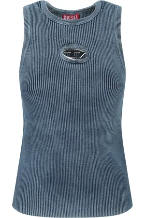 Diesel Tops, Dames, Blauw, M, Katoen, Blauw Geribbeld Gebreid Mouwloos Bovenkleding