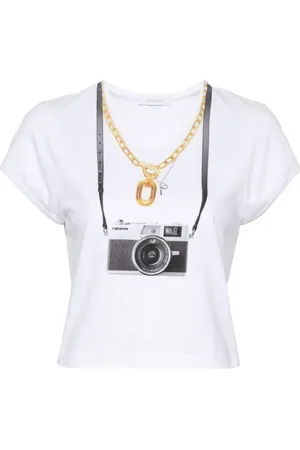 Paco rabanne Tops, Dames, Wit, M, Katoen, Camera Print Wit T-shirt