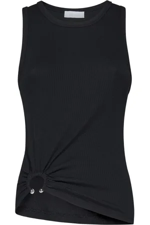 Paco rabanne Tops, Dames, Zwart, S, Katoen, Zwarte Geribbelde Tanktop met Metalen Piercing