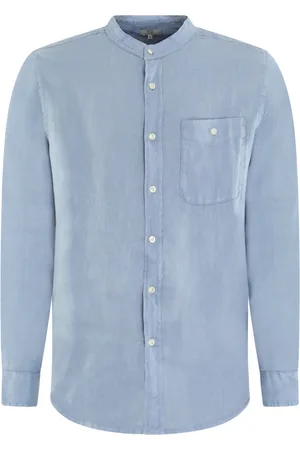Woolrich Overhemden, Heren, Blauw, XL, Linnen, Linnen Bandkraag Shirt