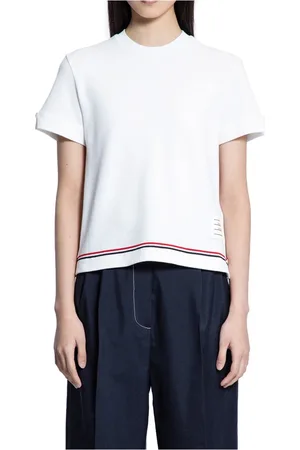 Thom Browne Tops, Dames, Wit, S, Katoen, Gestreepte Trim Notch Tee in Katoen