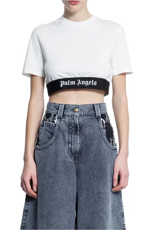 Palm Angels Tops, Dames, Wit, XS, Logo Tape Crop Tee Off