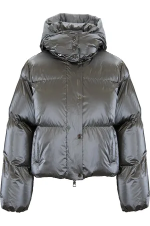 Elisabetta Franchi Jassen, Dames, Grijs, M, Polyester, Korte donsjas met hoge kraag