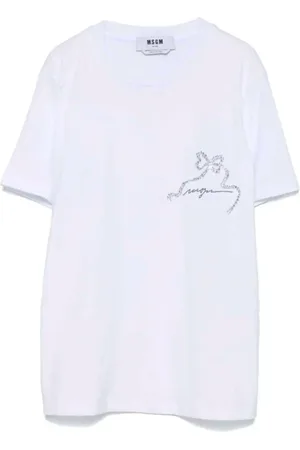 Msgm Tops, Dames, Wit, M, Katoen, T-shirt met ronde hals en decoratie