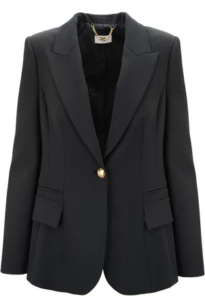 Elisabetta Franchi Jassen, Dames, Zwart, M, Polyester, Gouden Knoop Blazer met Logo Voering