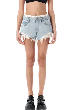 Alexander Wang Korte broeken, Dames, Blauw, W27, Denim, Versleten denim mini shorts met kanten afwerking