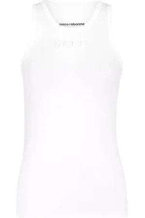 Paco rabanne Tops, Dames, Wit, L, Katoen, Wit Logo T-shirt Ronde Hals Mouwloos