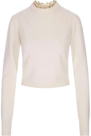 Paco rabanne Truien, Dames, Wit, L, Wol, Witte Ronde Hals Sweatshirt met Gouden Accenten
