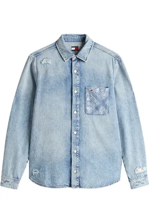 Tommy Hilfiger Overhemden, Heren, Blauw, M, Denim, Paisley Denim Overhemd Met Distressed Details