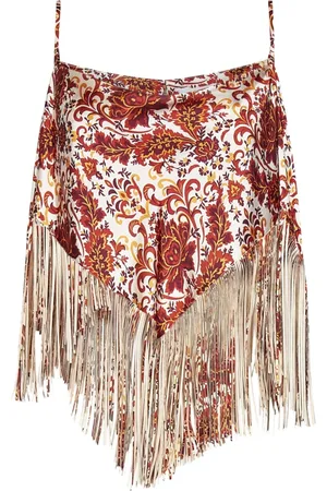 Paco rabanne Tops, Dames, Veelkleurig, S, Satijn, Bloemen Paisley Print Satijnen Top met Franjes