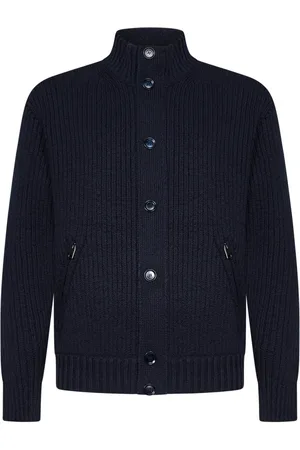 BRIONI Truien, Heren, Blauw, L, Katoen, Blauwe Katoenen Jas met Suède Details
