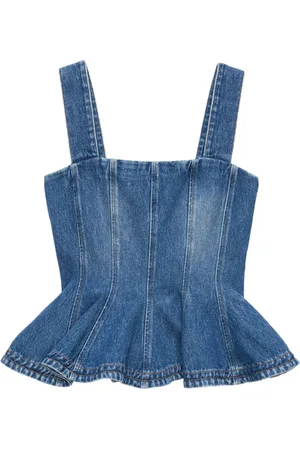 Msgm Tops, Dames, Blauw, XS, Denim, Blauwe Denim Ruffle Hem Top