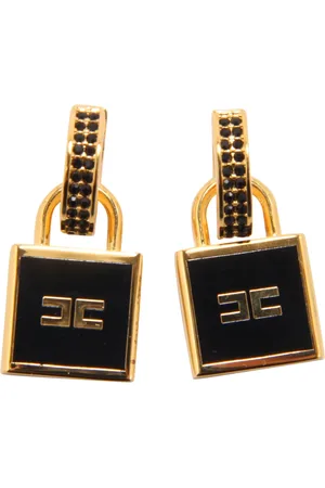 Elisabetta Franchi Accessoires, Dames, Geel, ONE Size, Leer, Gouden en Zwarte Hoepeloorbellen met Slotbedels