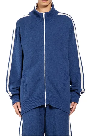 LANEUS Truien, Heren, Blauw, XL, Katoen, Blauwe Gebreide Bomberjack met Strepen