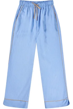 Munthe Broeken, Dames, Blauw, XL, Linnen, Elegante Gestreepte Broek met Piping