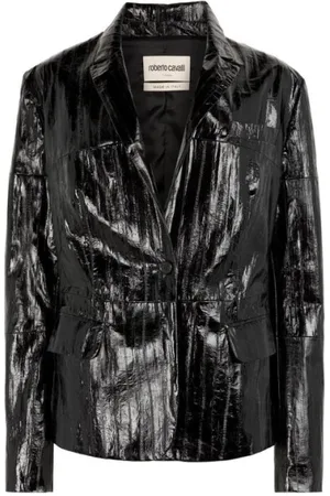 Roberto Cavalli Jassen, Dames, Zwart, M, Geborduurde Coated Blazer met Peak Revers