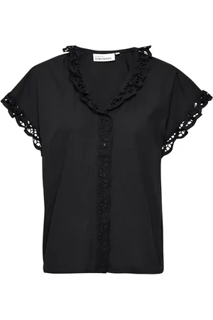 Karen by Simonsen Blouses & Shirts, Dames, Zwart, L, Katoen, Feminine Kant V-Hals Blouse
