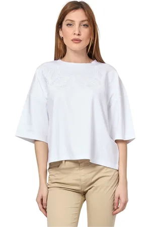 HUGO BOSS Tops, Dames, Wit, M, Katoen, Bloemen Geborduurd Kort T-shirt