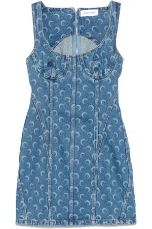 Marine Serre Kleedjes, Dames, Blauw, S, Indigo Blauw Vierkante Hals Jurk