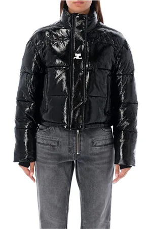 Courrèges Jassen, Dames, Zwart, S, Zwarte Vinyl Donsjas Aw 24