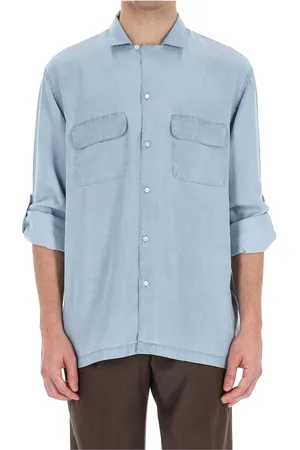 OFFICINE GENERALE Overhemden, Heren, Blauw, XL, Denim, Denim Bowling Kraag Shirt Leto