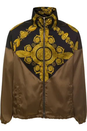 VERSACE Jassen, Heren, Bruin, L, Bruine Hoogsluitende Jas met Barocco Print