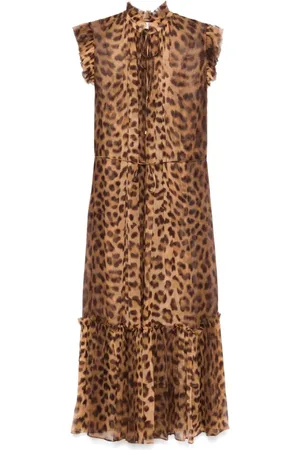ZIMMERMANN Kleedjes, Dames, Bruin, S, Luipaardprint Flutter Midi Jurk