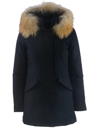 Woolrich Jassen, Dames, Blauw, L, Blauwe technische stof parka met afneembare bont capuchon