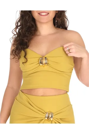 Elisabetta Franchi Tops, Dames, Geel, S, Satijn, Gestructureerde Crepe Top met Gouden Detail