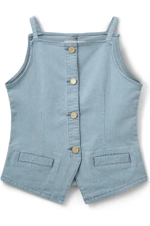 Sofie Schnoor Jassen, Dames, Blauw, XS, Denim, Gestreepte denimvest met gouden knopen