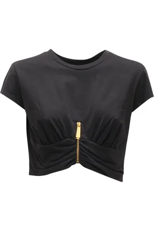 Elisabetta Franchi Tops, Dames, Zwart, S, Katoen, Zwarte cropped katoenen T-shirt met gedrapeerde cups