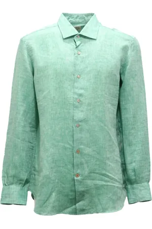 MAZZARELLI Overhemden, Heren, Groen, L, Linnen, Linnen Overhemd Slim Fit Groene Steen