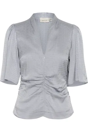 Gestuz Blouses & Shirts, Dames, Blauw, S, Gerimpelde V-hals Blouse Grijs Blauw