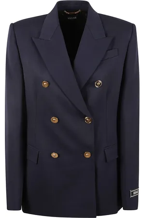 VERSACE Jassen, Dames, Blauw, S, Wol, Blauwe Stretch Wol Informele Jas