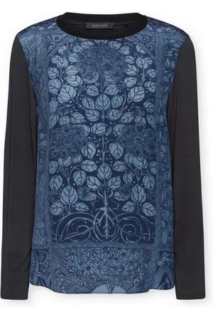 Elena Miro Tops, Dames, Blauw, L, Satijn, T-shirt van twee stoffen met opdruk