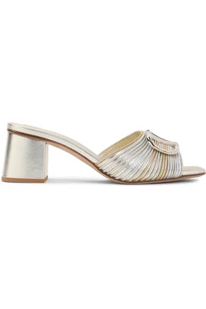 VALENTINO GARAVANI Schoenen, Dames, Grijs, 37 EU, Leer, Metallic Leren Pantoffels Elegante Hakken