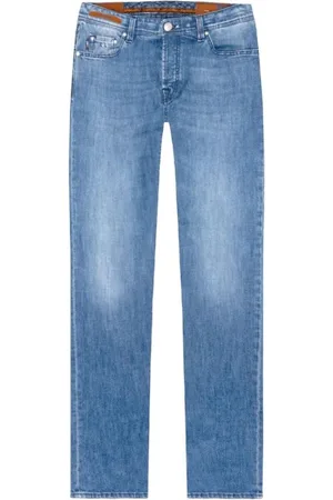 sartoria tramarossa Jeans, Heren, Blauw, W31, Katoen, Vervaagde Stretch Jeans met Leren Patch