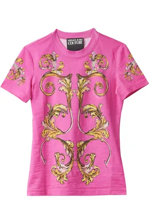 VERSACE Tops, Dames, Roze, M, Katoen, Barocco Piazzato Katoenen T-shirt in Roze
