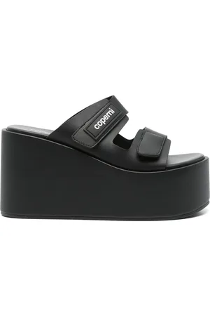 COPERNI Schoenen, Dames, Zwart, 39 EU, Leer, Zwarte Leren Patch Sleehak Sandalen