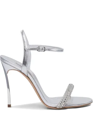 Casadei Schoenen, Dames, Grijs, 38 EU, Leer, Zilveren Kristalblad Hak Sandalen