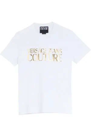 VERSACE Tops, Heren, Wit, L, Katoen, Logo Ingelegd Katoenen T-Shirt Wit/Goud