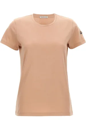 Moncler Tops, Dames, Roze, L, Katoen, Roze Katoenen Crew Neck T-Shirt